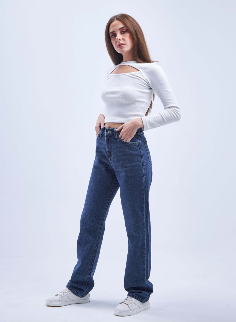 CIZARO High-Waist Navy Blue Straight Leg Jeans. - Image 1