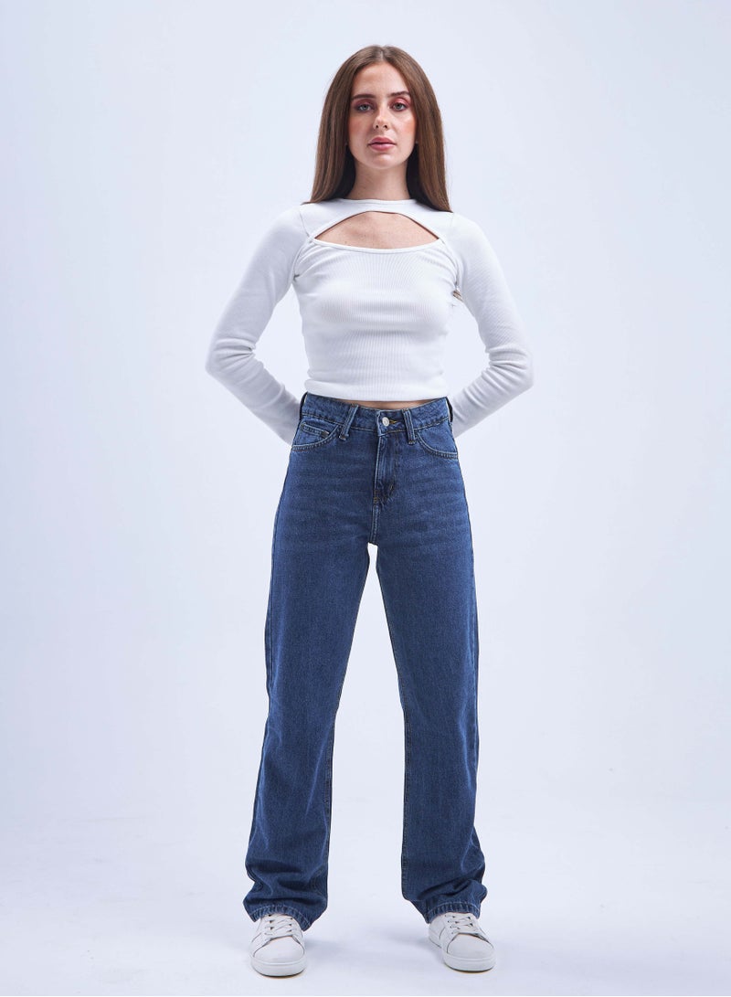 CIZARO High-Waist Navy Blue Straight Leg Jeans. - Image 4