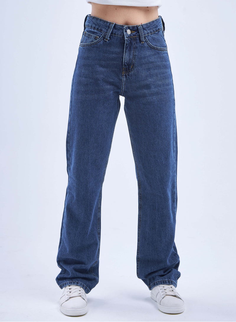 CIZARO High-Waist Navy Blue Straight Leg Jeans. - Image 3