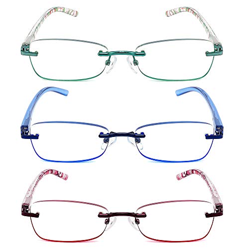 JJWELL 3 Pack Reading Glasses for Women Blue Light Blocking, Anti Eyestrain/UV 400 Filter Readers with Spring Hinge, Lightweight Rimless Tinted Metal Blue Rays Eyeglasses (400) - Image 1