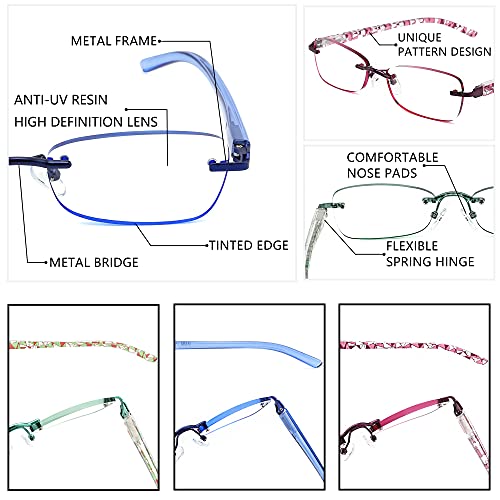 JJWELL 3 Pack Reading Glasses for Women Blue Light Blocking, Anti Eyestrain/UV 400 Filter Readers with Spring Hinge, Lightweight Rimless Tinted Metal Blue Rays Eyeglasses (400) - Image 4