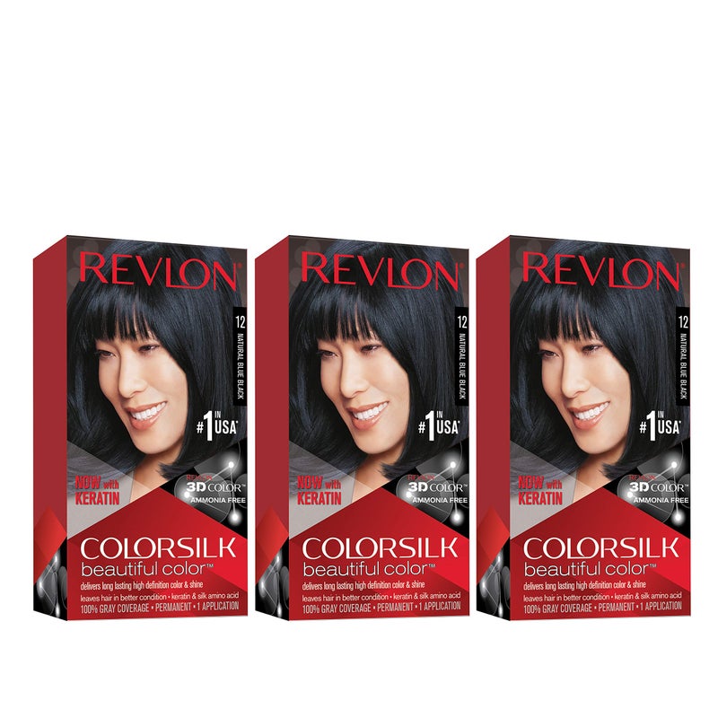 Revlon Permanent Hair Color, Permanent Hair Dye, Colorsilk with 100% Gray Coverage, Ammonia-Free, Keratin and Amino Acids, 12 Natural Blue Black, 4.4 Oz (Pack of 3) - Image 1