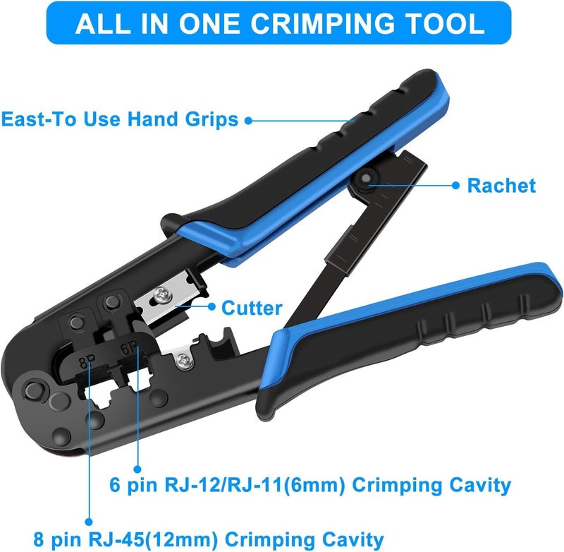 COOLCOLD RJ45 Crimping Tool Kit Ethernet Crimp Set, RJ-11, 6P/RJ-12, 8P/RJ-45 Crimp, Cut and Strip with 20PCS CAT5 CAT5e Connectors, Covers,1 Network Cable Tester 1 Wire Stripper (Tools) - Image 3