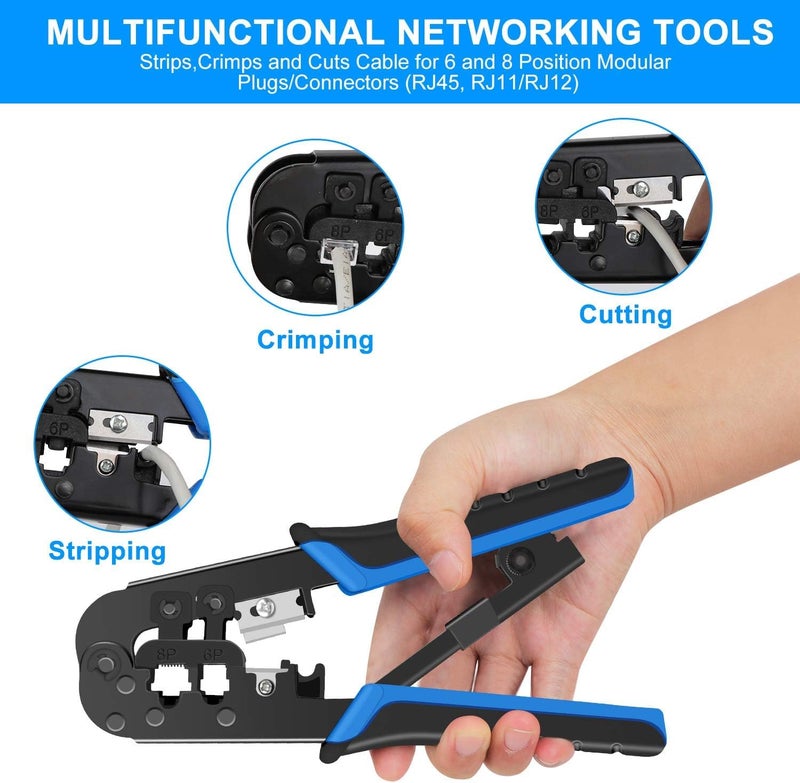 COOLCOLD RJ45 Crimping Tool Kit Ethernet Crimp Set, RJ-11, 6P/RJ-12, 8P/RJ-45 Crimp, Cut and Strip with 20PCS CAT5 CAT5e Connectors, Covers,1 Network Cable Tester 1 Wire Stripper (Tools) - Image 2