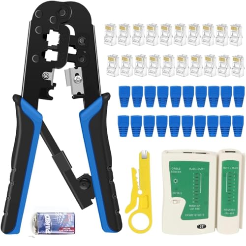COOLCOLD RJ45 Crimping Tool Kit Ethernet Crimp Set, RJ-11, 6P/RJ-12, 8P/RJ-45 Crimp, Cut and Strip with 20PCS CAT5 CAT5e Connectors, Covers,1 Network Cable Tester 1 Wire Stripper (Tools) - Image 1