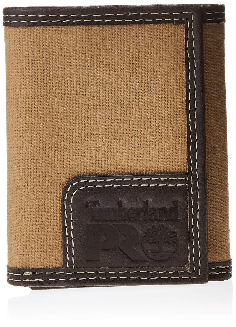 Timberland PRO Men's Canvas Leather RFID Trifold Wallet with Zippered Pocket, Khaki, One Size - Image 1