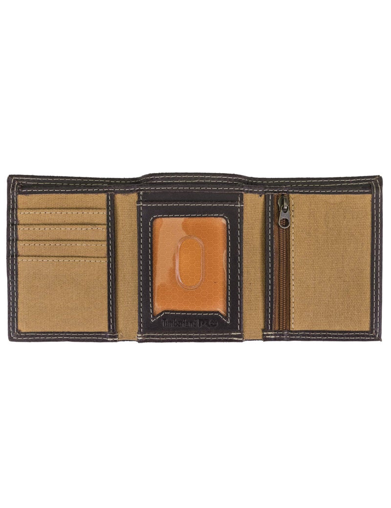 Timberland PRO Men's Canvas Leather RFID Trifold Wallet with Zippered Pocket, Khaki, One Size - Image 3