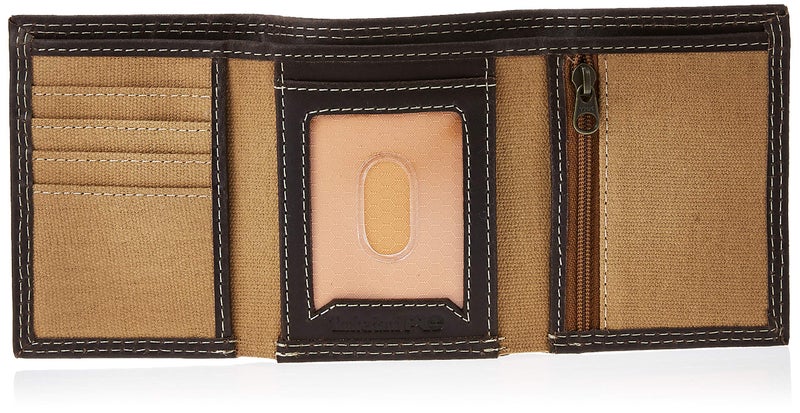 Timberland PRO Men's Canvas Leather RFID Trifold Wallet with Zippered Pocket, Khaki, One Size - Image 4