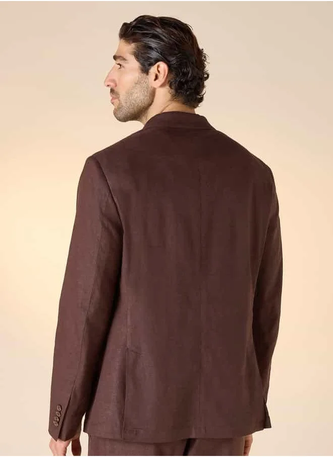 ايكونيك Iconic Notchel Lapel Linen Blazer with Button Closure and Long Sleeves