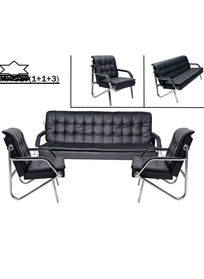 SULSHA صوفا حديثة من الجلد ذات 5 مقاعد وأرجل فولاذية سوداء 3 + 1 + 1