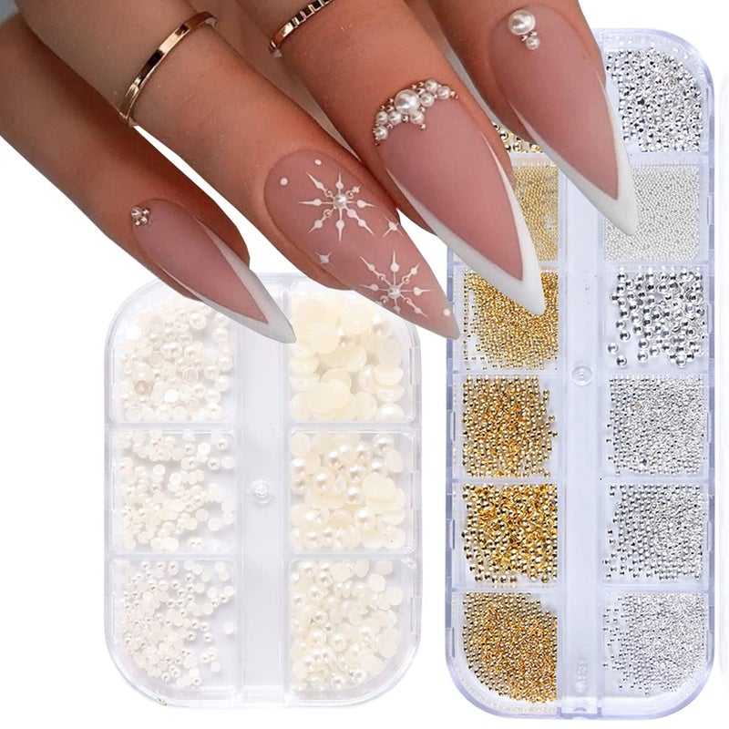 2 Boxes Nail Art Pearls Flatback Pearl Gold Silver Nail Art Caviar Beads 3D Steel Metal Nail Charms Half Round Pearl Rhinestone Luxurious Design Nail Decoration DIY Crafts Jewelry Manicure Accessory