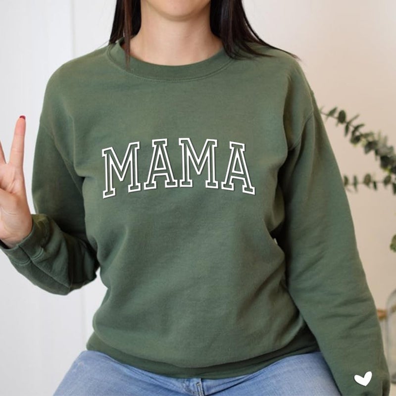 IZI POD Mama Puff Letter Sweatshirt, Mama Sweatshirt with Heart on Sleeve, Gift for Mom, Birthday, Valentine, Mother's Day, Christmas Military Green L - Image 3