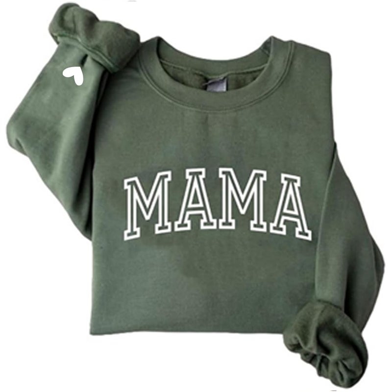 IZI POD Mama Puff Letter Sweatshirt, Mama Sweatshirt with Heart on Sleeve, Gift for Mom, Birthday, Valentine, Mother's Day, Christmas Military Green L - Image 1