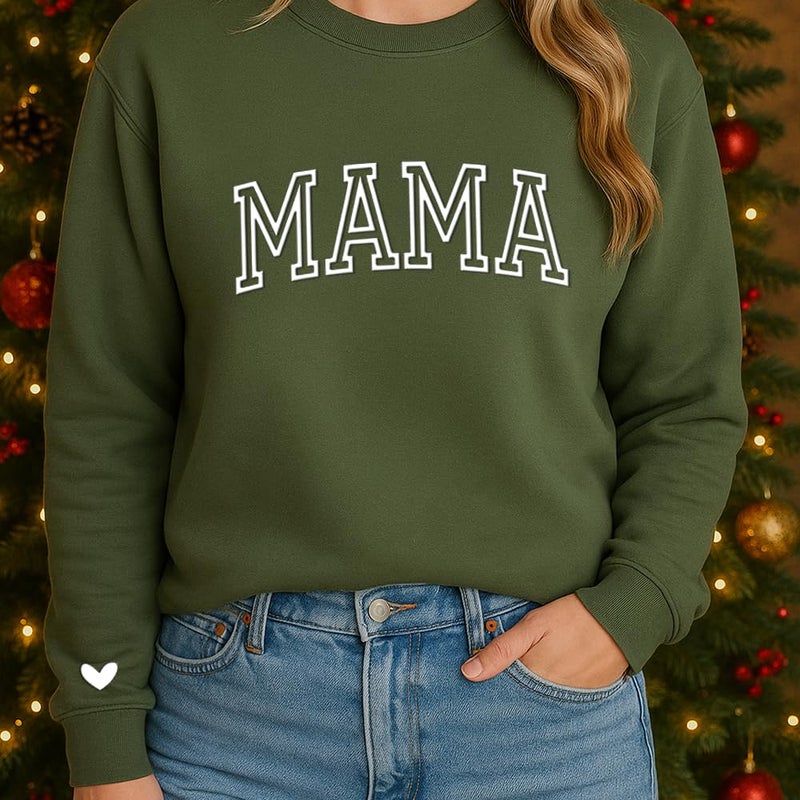 IZI POD Mama Puff Letter Sweatshirt, Mama Sweatshirt with Heart on Sleeve, Gift for Mom, Birthday, Valentine, Mother's Day, Christmas Military Green L - Image 4