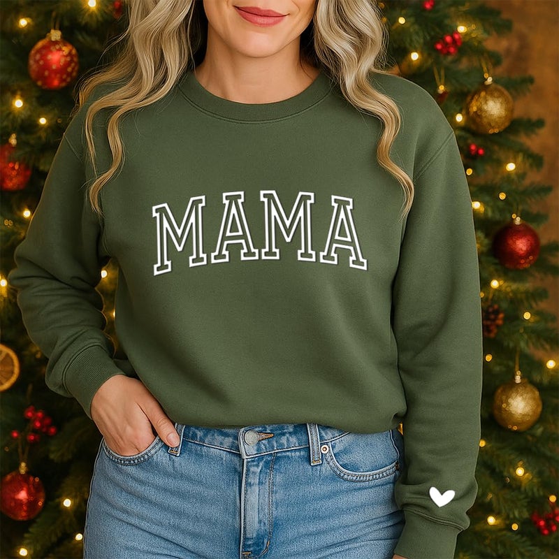 IZI POD Mama Puff Letter Sweatshirt, Mama Sweatshirt with Heart on Sleeve, Gift for Mom, Birthday, Valentine, Mother's Day, Christmas Military Green L - Image 5