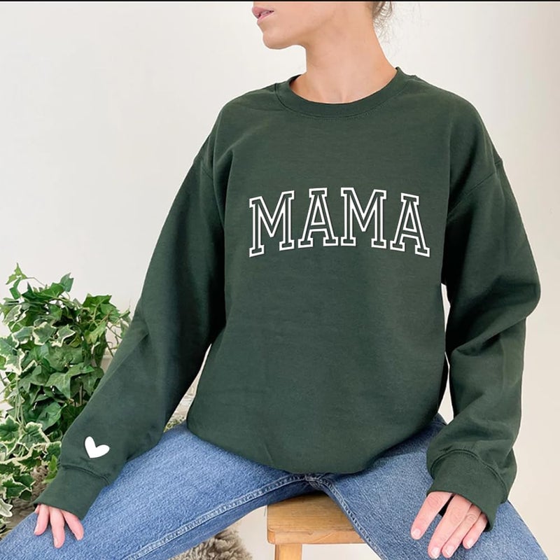 IZI POD Mama Puff Letter Sweatshirt, Mama Sweatshirt with Heart on Sleeve, Gift for Mom, Birthday, Valentine, Mother's Day, Christmas Military Green L - Image 2