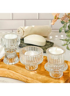 Kate Aspen Kate Aspen Dual Sided Vintage Ribbed Glass Clear Candlestick Holders, Pillar Candle, Reversible Tealight & Votive Candle Holders (Set of 6, 3 Sizes), Dining Table Decor, Shelf Decor, Centerpiece  - Image 3