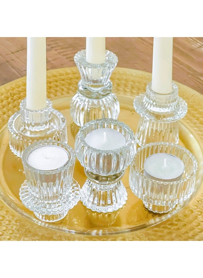 Kate Aspen Dual Sided Vintage Ribbed Glass Clear Candlestick Holders, Pillar Candle, Reversible Tealight & Votive Candle Holders (Set of 6, 3 Sizes), Dining Table Decor, Shelf Decor, Centerpiece - Image 1