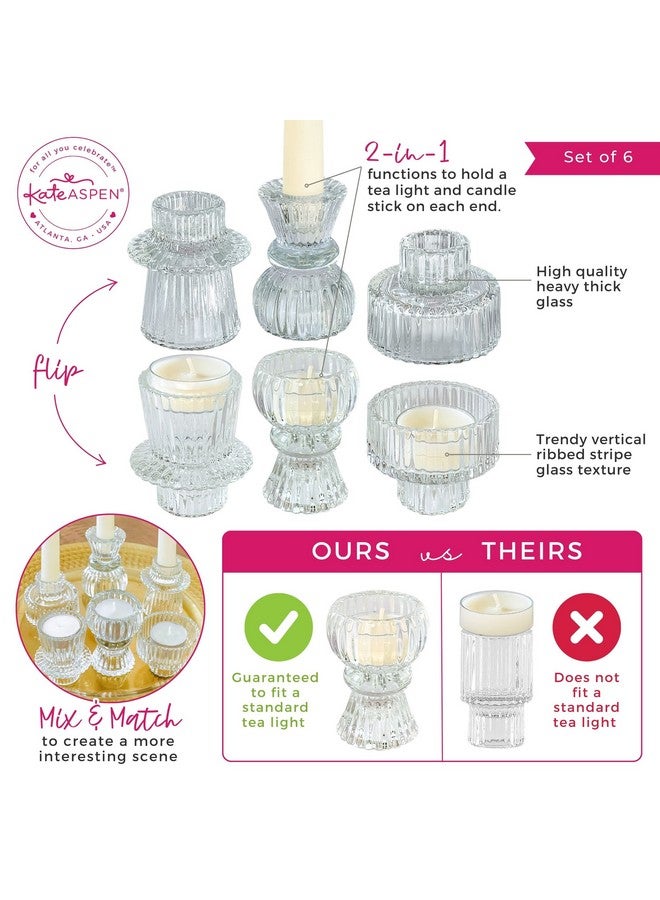 Kate Aspen Dual Sided Vintage Ribbed Glass Clear Candlestick Holders, Pillar Candle, Reversible Tealight & Votive Candle Holders (Set of 6, 3 Sizes), Dining Table Decor, Shelf Decor, Centerpiece - Image 5