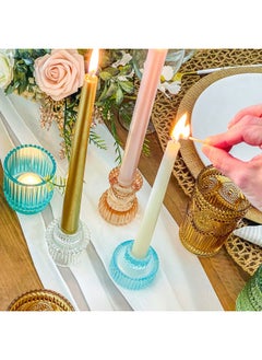 Kate Aspen Kate Aspen Dual Sided Vintage Ribbed Glass Clear Candlestick Holders, Pillar Candle, Reversible Tealight & Votive Candle Holders (Set of 6, 3 Sizes), Dining Table Decor, Shelf Decor, Centerpiece  - Image 2