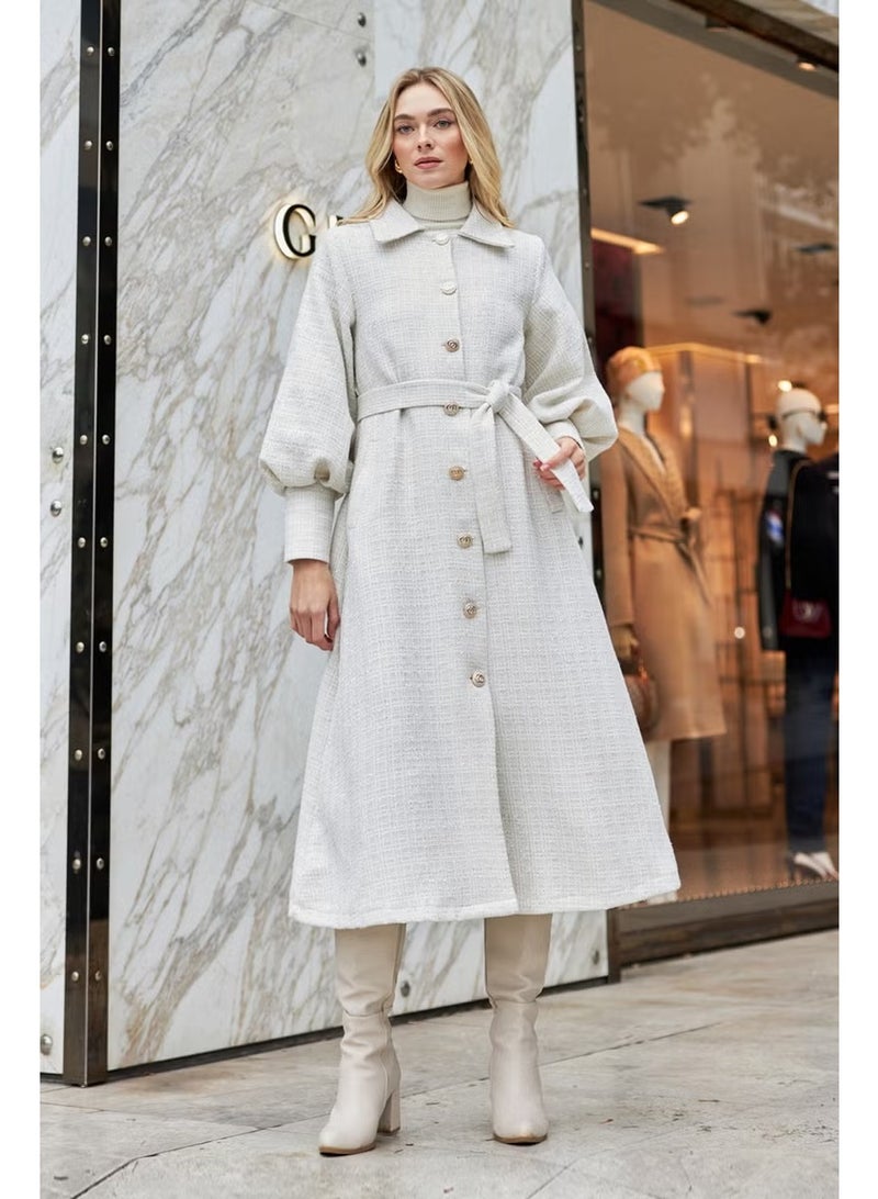 Vavinor Balloon Sleeve Belted Coat - Ecru - Image 4
