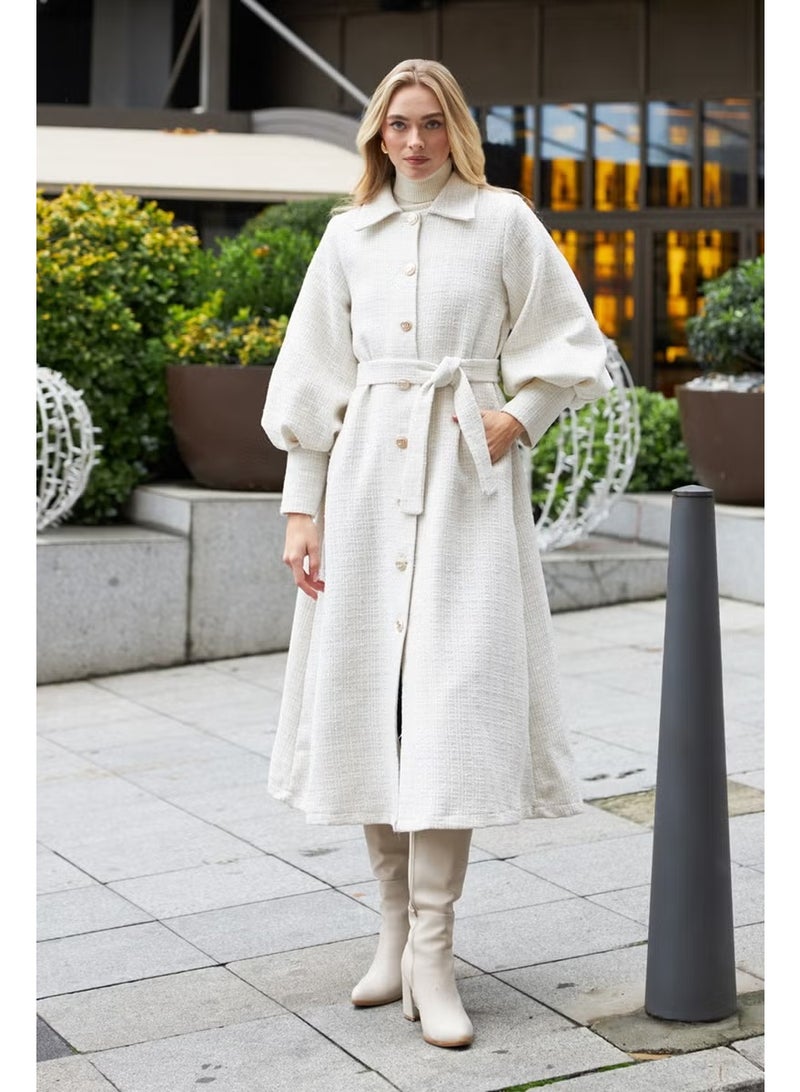 Vavinor Balloon Sleeve Belted Coat - Ecru - Image 5