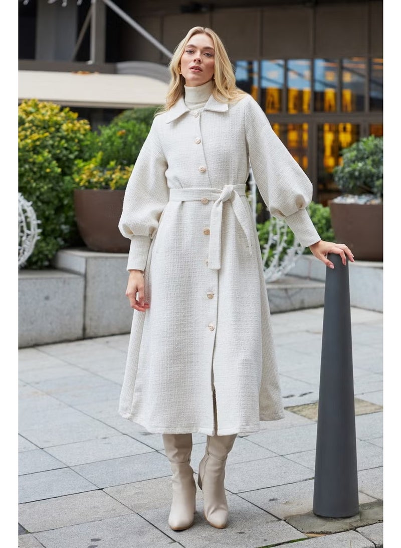 Vavinor Balloon Sleeve Belted Coat - Ecru - Image 3