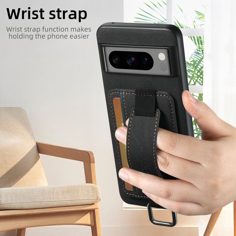 Suteni For Google Pixel 9 Pro H13 Litchi Leather Wrist Strap Wallet Back Phone Case(Black) - Image 3