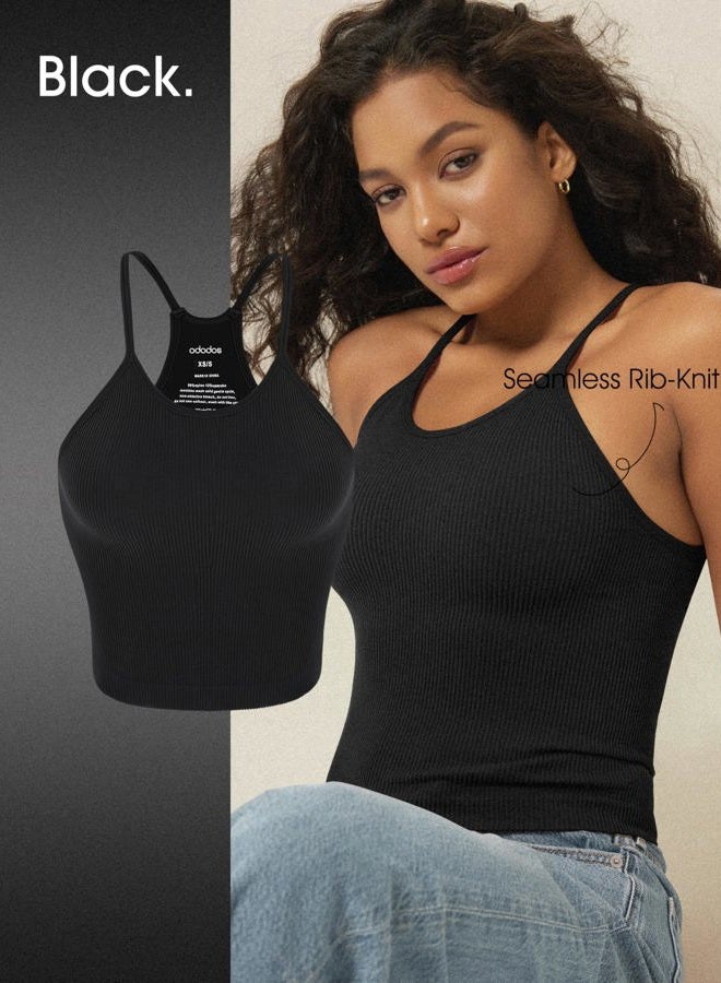 ODODOS Women's Crop 3-Pack Seamless Rib-Knit Camisole Crop Tank Tops, White+gray+black, M-L - Image 2