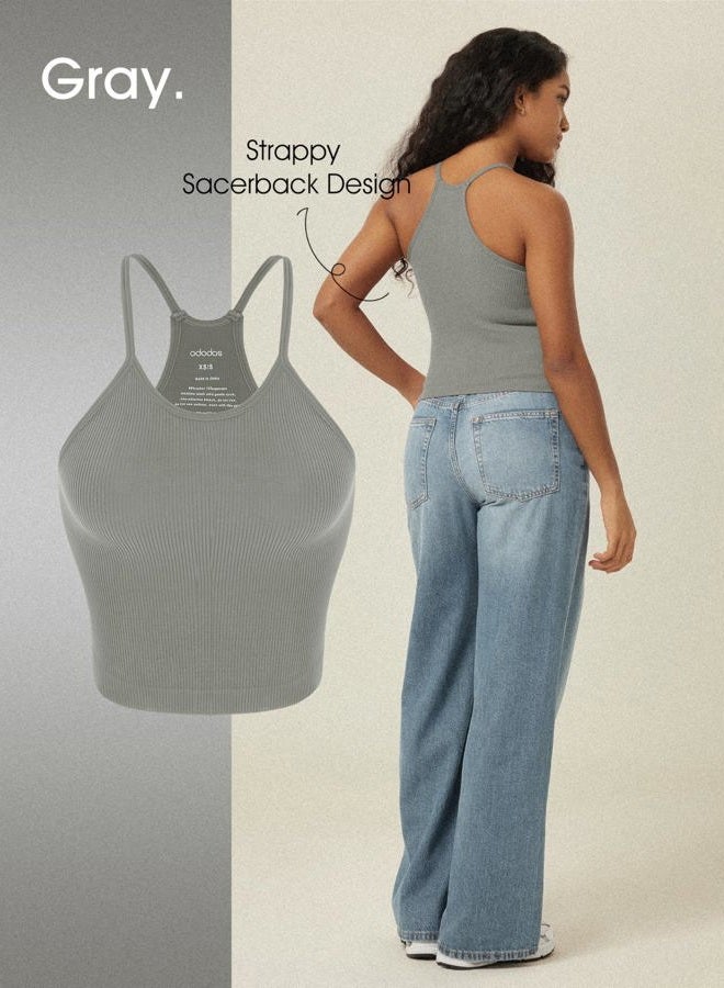 ODODOS Women's Crop 3-Pack Seamless Rib-Knit Camisole Crop Tank Tops, White+gray+black, M-L - Image 4