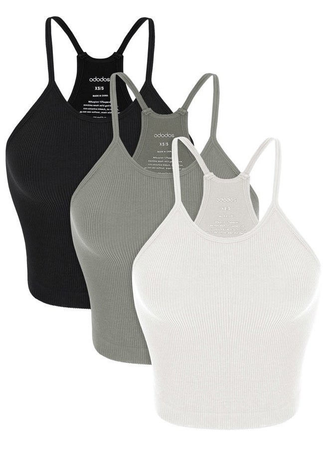 ODODOS Women's Crop 3-Pack Seamless Rib-Knit Camisole Crop Tank Tops, White+gray+black, M-L - Image 1