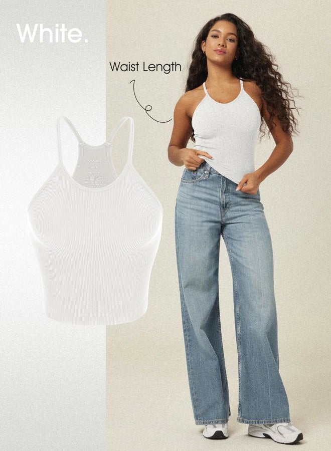 ODODOS Women's Crop 3-Pack Seamless Rib-Knit Camisole Crop Tank Tops, White+gray+black, M-L - Image 3