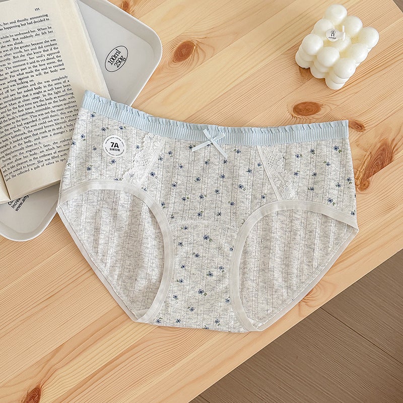Cotton Floral Panties Sweet Print Antibacterial Mid-Rise Briefs Light gray blue