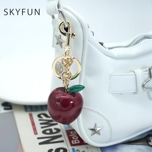 SKYFUN Apple Keychain for Women Glitter Apple Bag Charm Key Chain for Purse Wallet Handbag Backpack Jewelry Accessory Gift for Birthday Christmas Valentines, Gold Keyring Red Apple with Green Leaf - Image 2