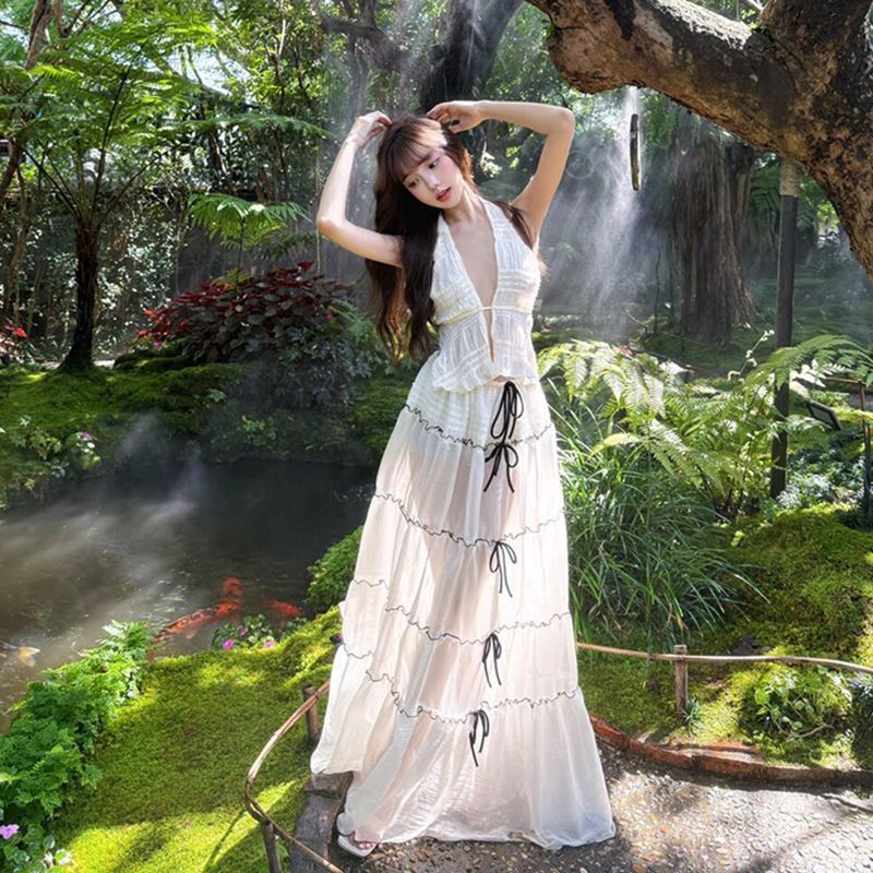 Tyrande Wearing Design Sense Holiday Atmosphere Sense Perspective Neck Backless Split Beach Long Dress Pure - Image 5