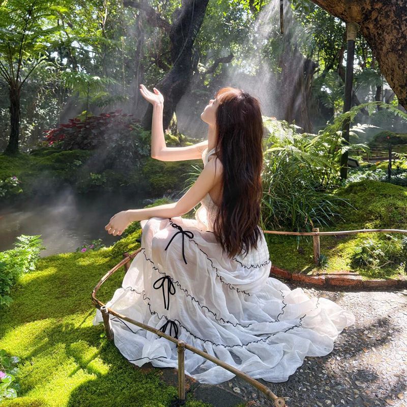 Tyrande Wearing Design Sense Holiday Atmosphere Sense Perspective Neck Backless Split Beach Long Dress Pure - Image 4