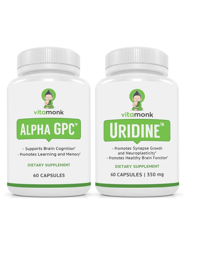 VitaMonk - Alpha GPC and Uridine Stack - Mr Happy Stack - Uridine Monophosphate with No Artificial Fillers - Bioavailable Choline Supplements Promote Cognition, Focus, Mental Clarity and Dopamine Receptor Health - Image 1