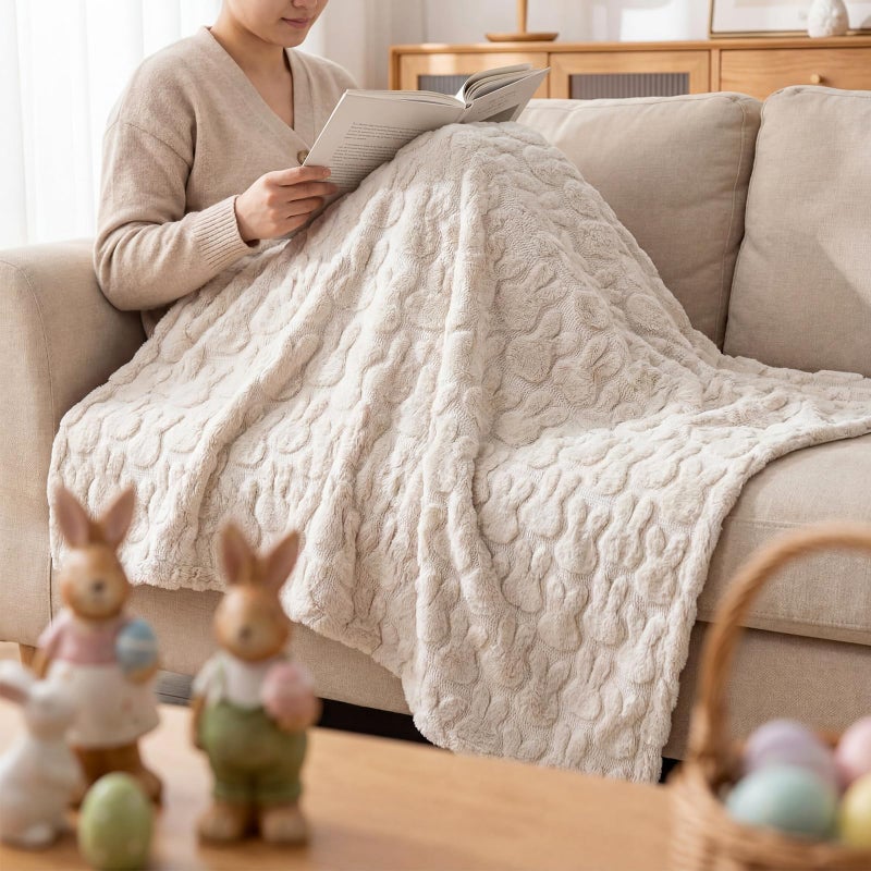 Moukeren Spring Easter Bunny Throw Blanket 50" x 60" - 3D Jacquard Bunny Throws, Cozy Soft Rabbit Spring Plush Easter Gifts for Living Room Couch Sofa Bed Decor(Pink) - Image 5
