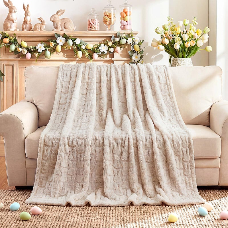 Moukeren Spring Easter Bunny Throw Blanket 50" x 60" - 3D Jacquard Bunny Throws, Cozy Soft Rabbit Spring Plush Easter Gifts for Living Room Couch Sofa Bed Decor(Pink) - Image 1