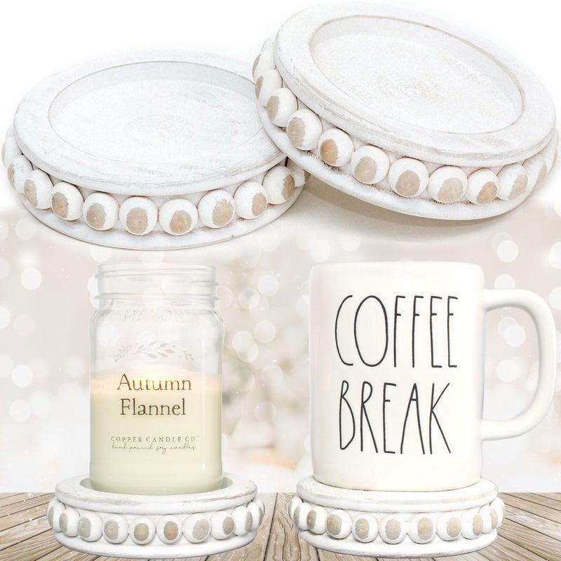 Felt Creative Home Goods Set of 2 Round Rustic Wood Beaded Risers  Sturdy 2Sided Stackable Decor Pedestal Stands for Tiered Tray Candle Mug Display Rustic White 5 inch