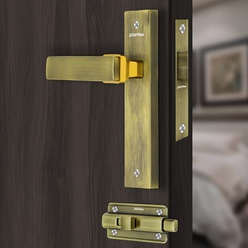Plantex Heavy Duty Door Lock – Bathroom Door Lock/Mortise 8inch Keyless Plate Handle Set for Home/Bathroom/Store Room/Balcony/Office with Baby Latch (8116, Brass Antique & PVD Gold) - Image 1