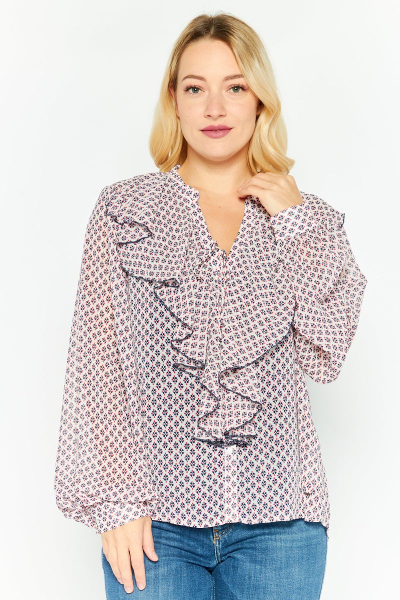 Pepe Jeans بلوزة مزخرفة بأكمام طويلة على شكل حرف V للنساء، مجموعة وردية - Image 1