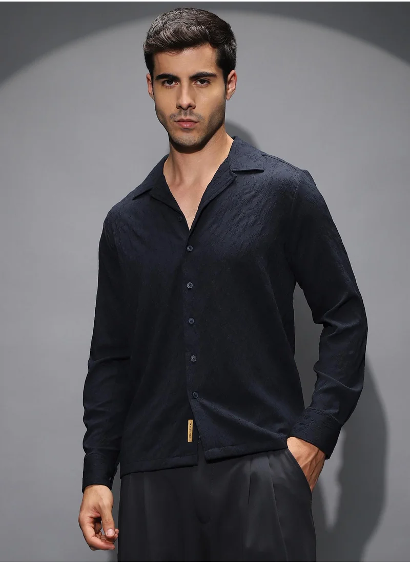 كامبوس سوترا Men's Midnight Black Textured-Cuban Shirt For Casual Wear | Cuban Collar | Long Cuffed Sleeves | Button Closure | Shirt Shirt Crafted With Comfort Fit For Everyday Wear