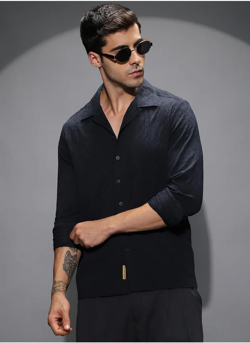 كامبوس سوترا Men's Midnight Black Textured-Cuban Shirt For Casual Wear | Cuban Collar | Long Cuffed Sleeves | Button Closure | Shirt Shirt Crafted With Comfort Fit For Everyday Wear