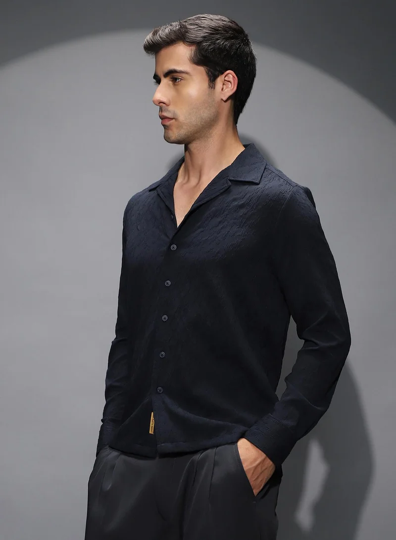 Campus Sutra Men's Midnight Black Textured-Cuban Shirt For Casual Wear | Cuban Collar | Long Cuffed Sleeves | Button Closure | Shirt Shirt Crafted With Comfort Fit For Everyday Wear
