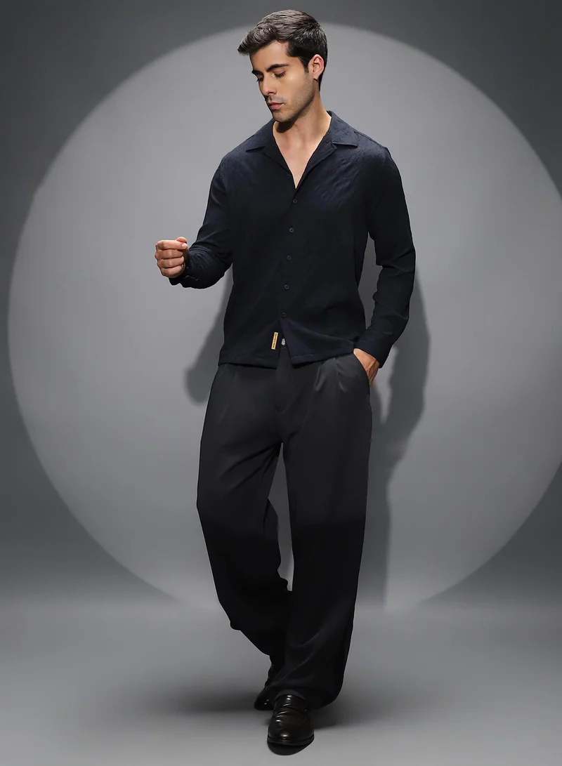 Campus Sutra Men's Midnight Black Textured-Cuban Shirt For Casual Wear | Cuban Collar | Long Cuffed Sleeves | Button Closure | Shirt Shirt Crafted With Comfort Fit For Everyday Wear