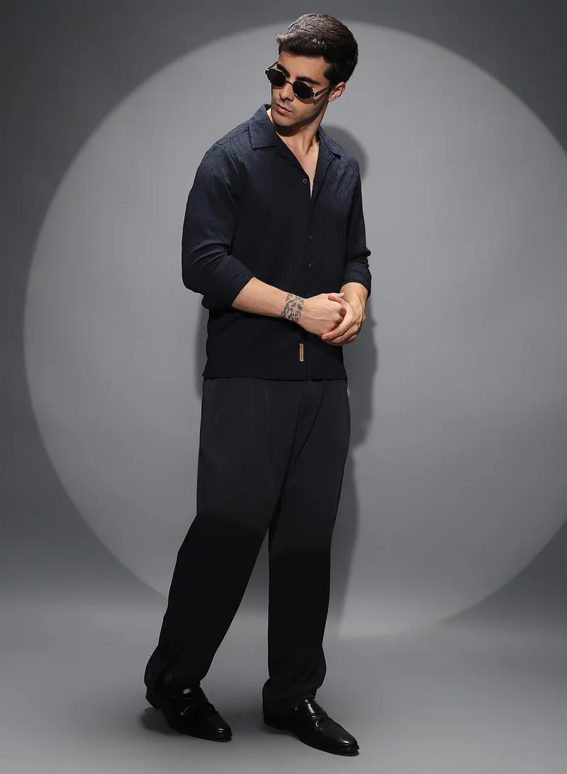 Campus Sutra Men's Midnight Black Textured-Cuban Shirt For Casual Wear | Cuban Collar | Long Cuffed Sleeves | Button Closure | Shirt Shirt Crafted With Comfort Fit For Everyday Wear