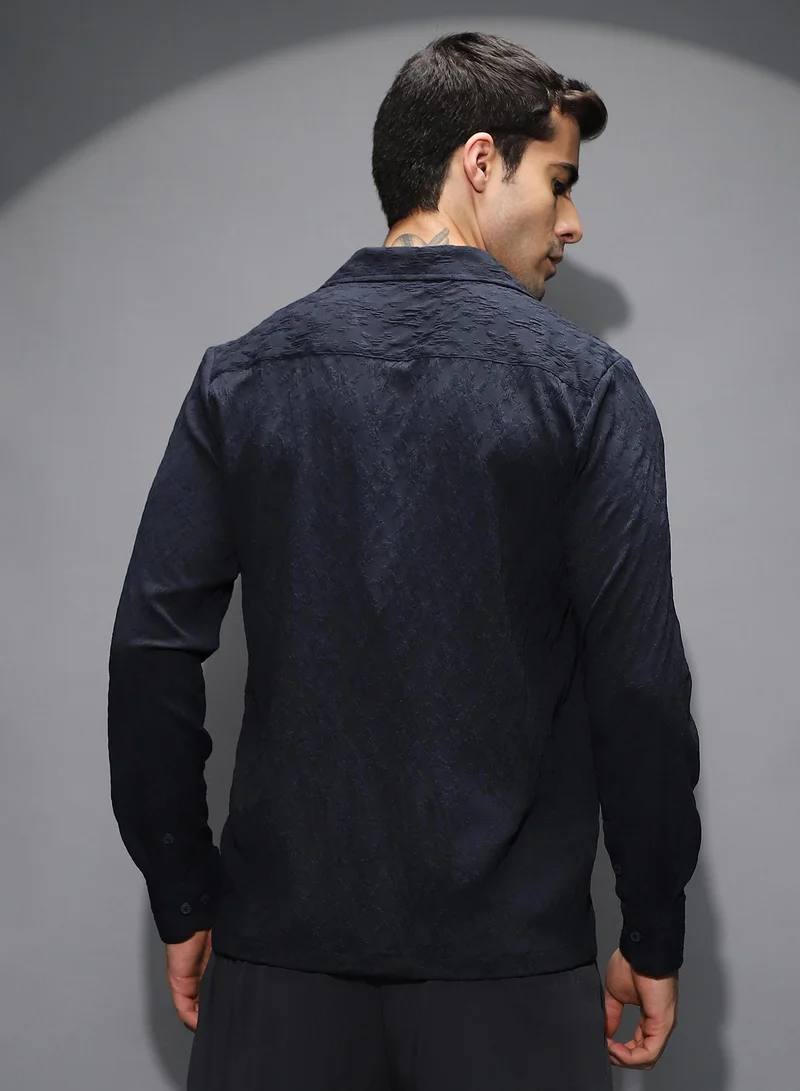 Campus Sutra Men's Midnight Black Textured-Cuban Shirt For Casual Wear | Cuban Collar | Long Cuffed Sleeves | Button Closure | Shirt Shirt Crafted With Comfort Fit For Everyday Wear