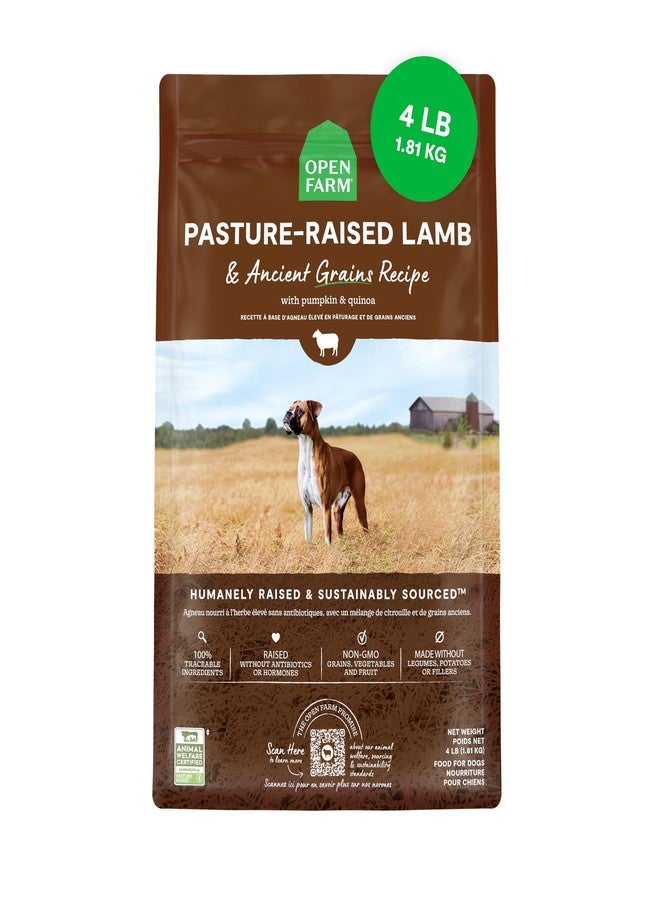 Open Farm أوبن فارم، طعام جاف للكلاب من الحبوب القديمة، غني بالبروتين والعناصر الغذائية، 90% بروتين حيواني ممزوج بفواكه وخضراوات وأطعمة فائقة غير معدلة وراثيًا، وصفة لحم ضأن مُربى في المراعي، كيس 4 أرطال - Image 1