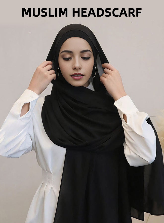 LAVEN طقم قبعة داخلية مطوية من أسفل وشاح شيفون نسائي، وشاح شيفون ناعم بلون سادة، وشاح بسيط مريح وعصري، وشاح رأس كاجوال مناسب للفصول الأربعة، أسود - Image 2